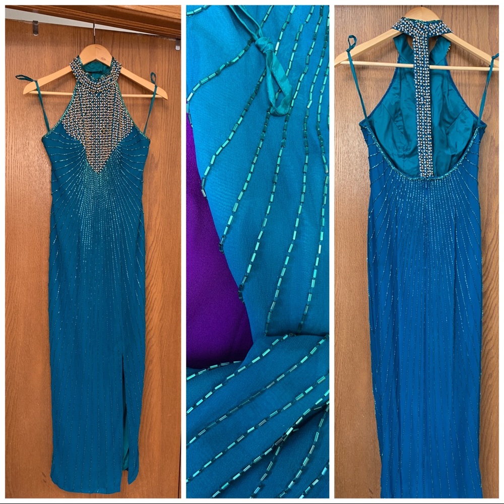 Vintage Blue-Green Beaded Halter Long Gown Prom